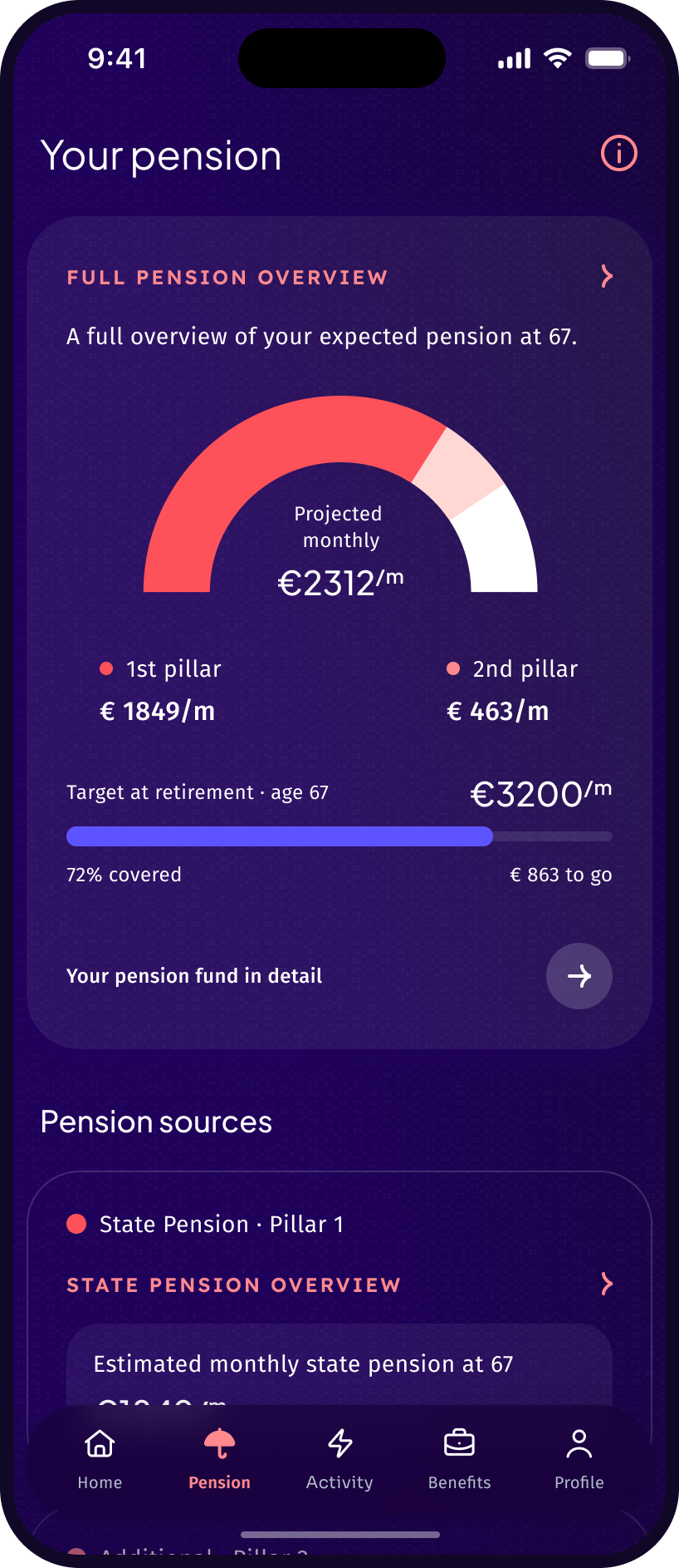 Warren app: pension screen
